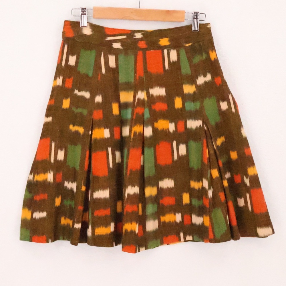 Roberta Freymann Ikat Pleated A-Line Skirt Womens Size S Brown Orange Green Boho